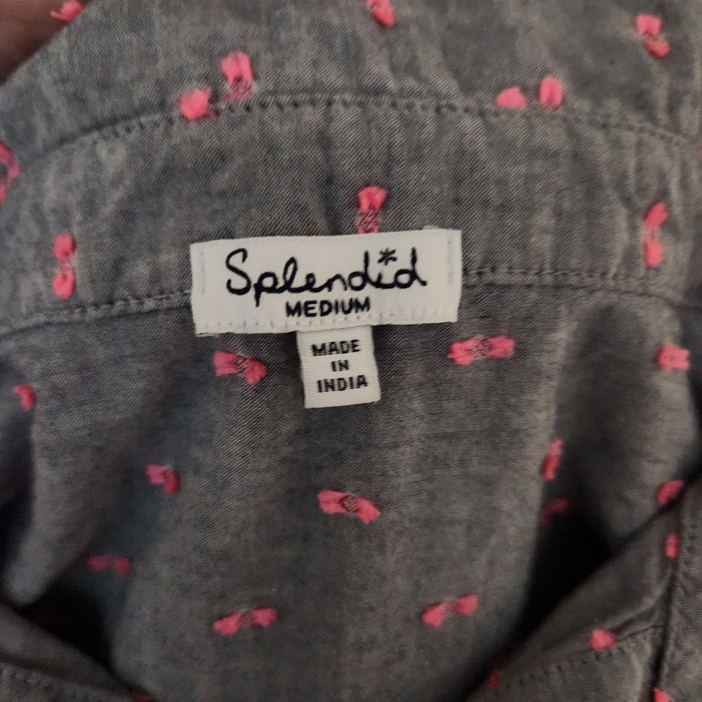 Splendid Women's Medium Gray Pink Dot Long Sleeve Button Up‎ Shirt 100% Cotton - Picture 3 of 5